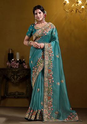 Teal Embroidered Art Silk Saree Set