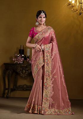 Peach Embroidered Art Silk Saree Set