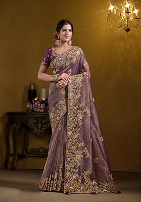 Purple Embroidered Art Silk Saree Set