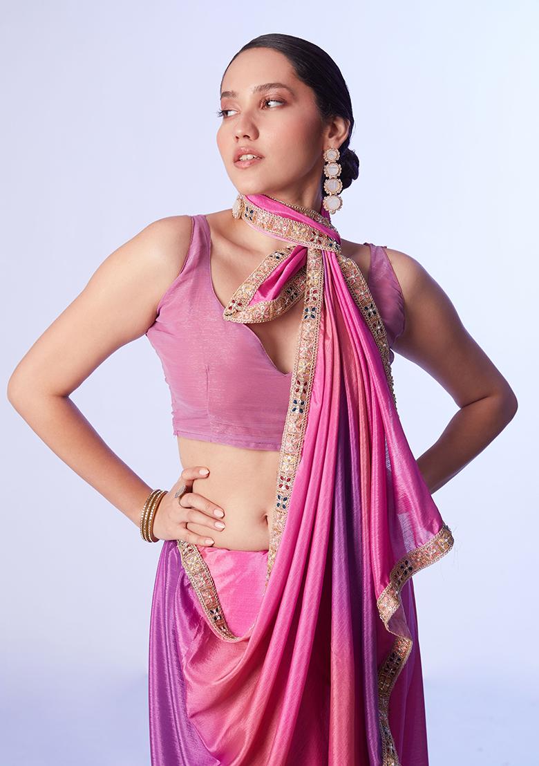 Pink Abstract Print Art Silk Saree Set