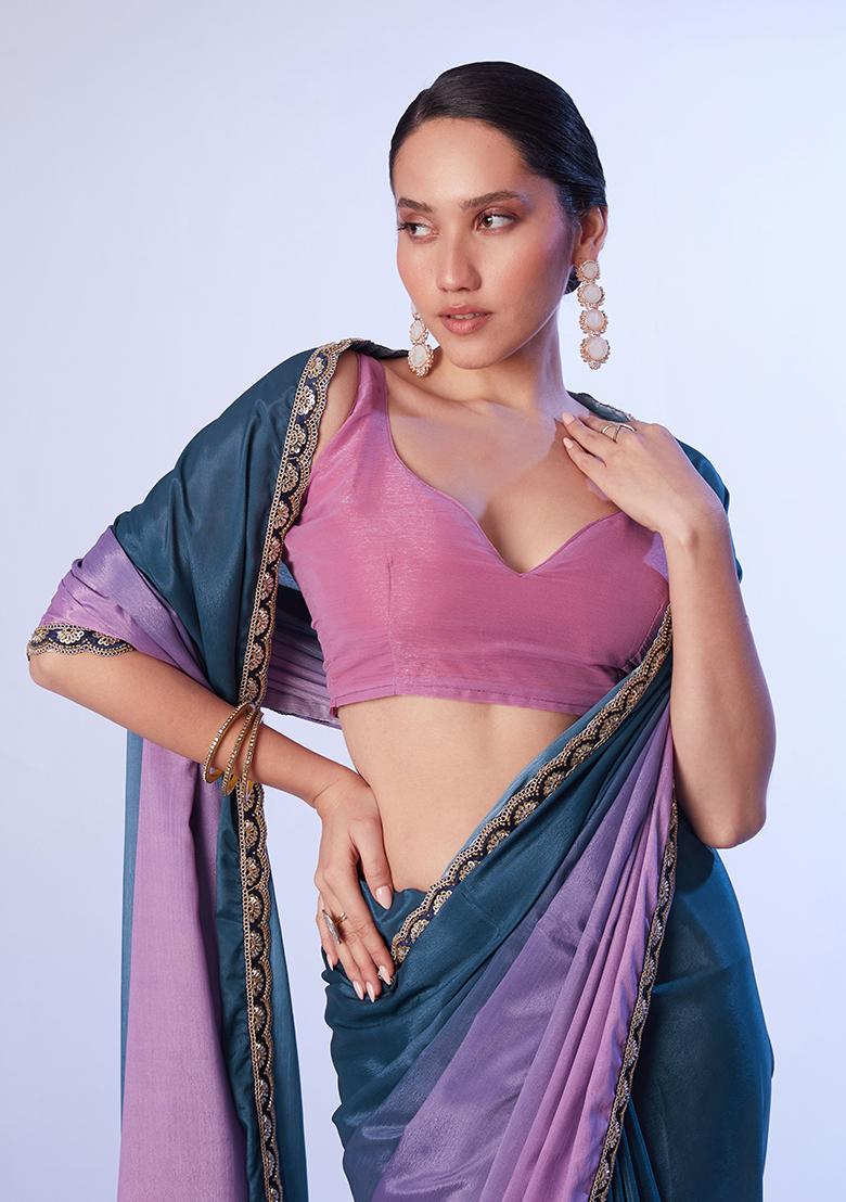 Teal Abstract Print Art Silk Saree Set