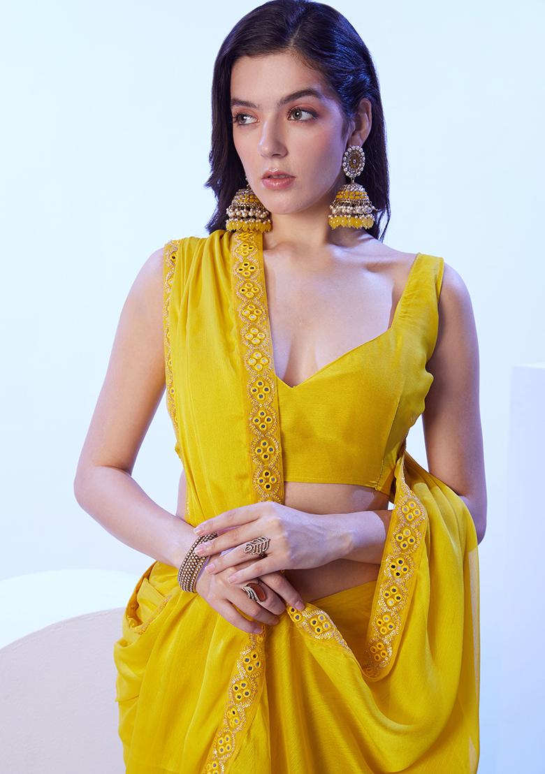 Yellow Abstract Print Art Silk Saree Set