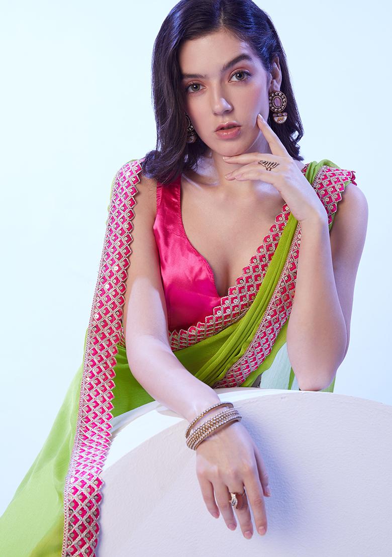 Green Abstract Print Art Silk Saree Set