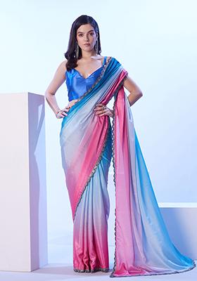 Blue Abstract Print Art Silk Saree Set
