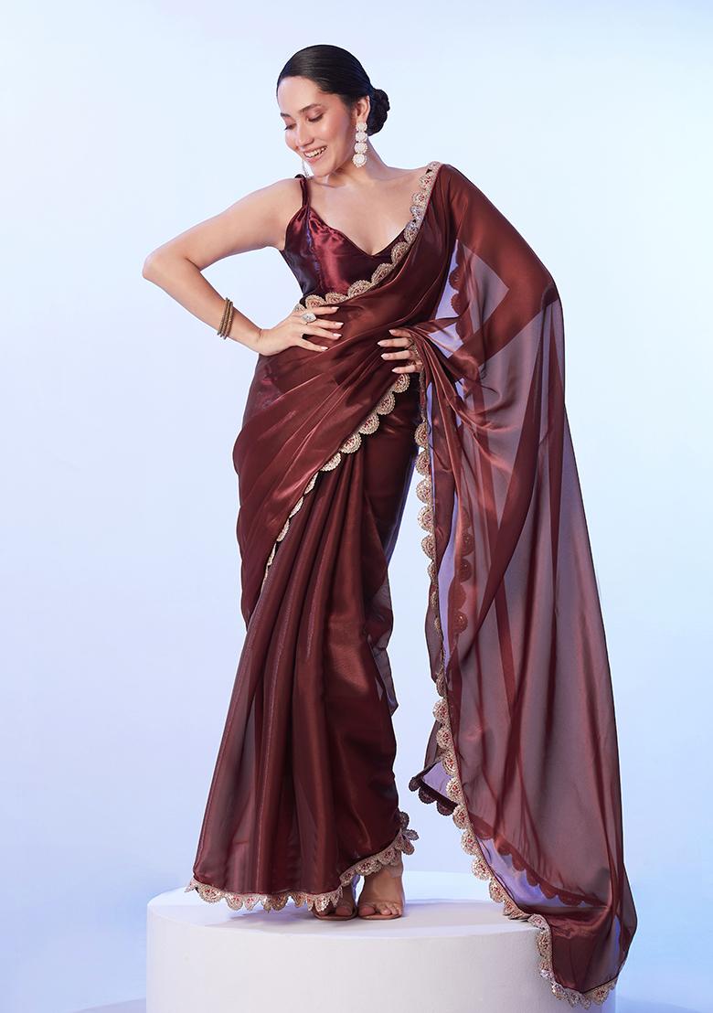 Coffee Brown Abstract Print Art Silk Saree Set
