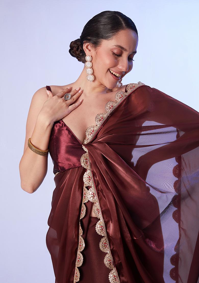 Coffee Brown Abstract Print Art Silk Saree Set