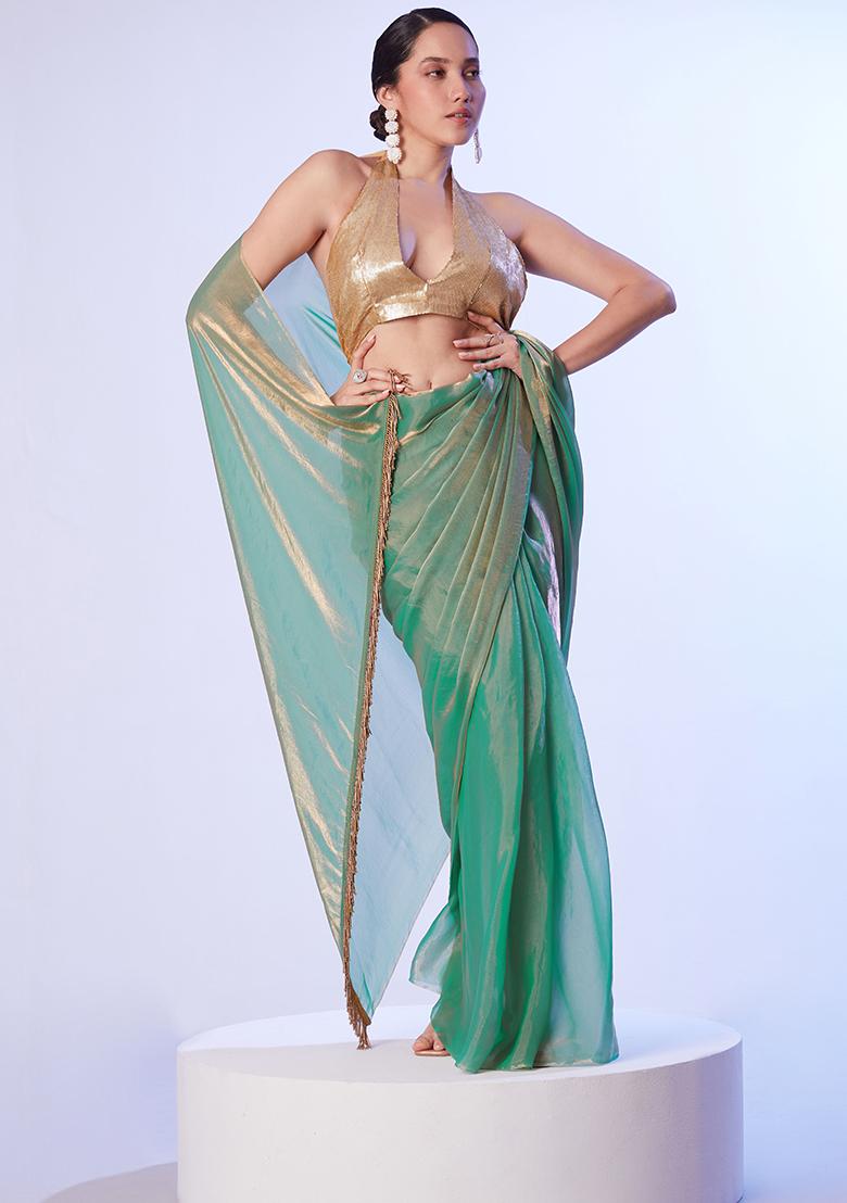 Sea Green Abstract Print Art Silk Saree Set