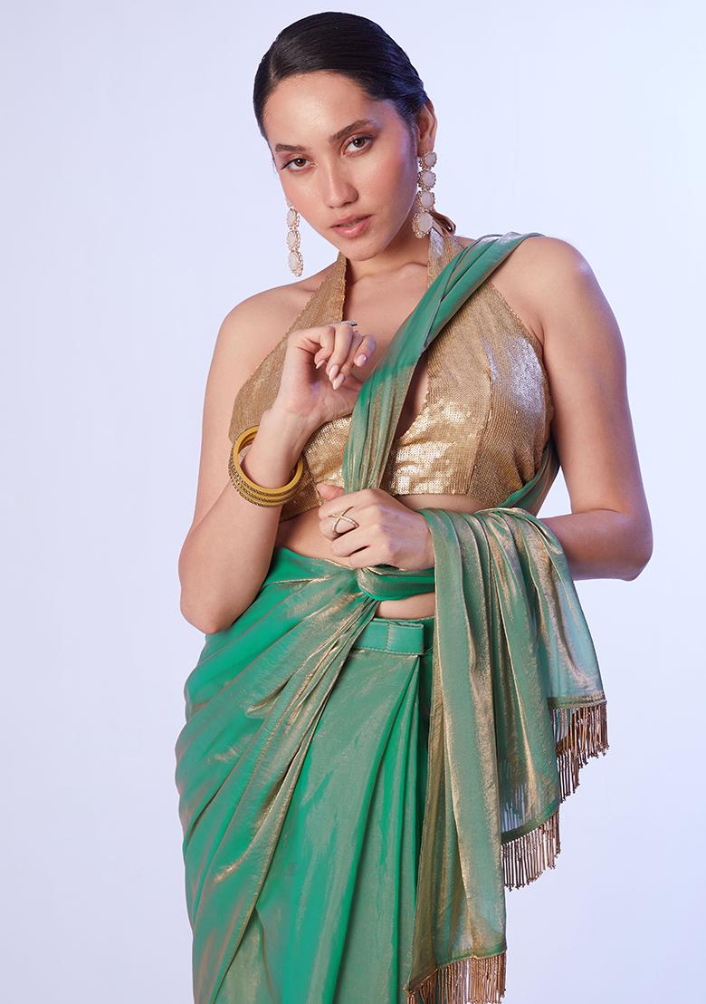 Sea Green Abstract Print Art Silk Saree Set