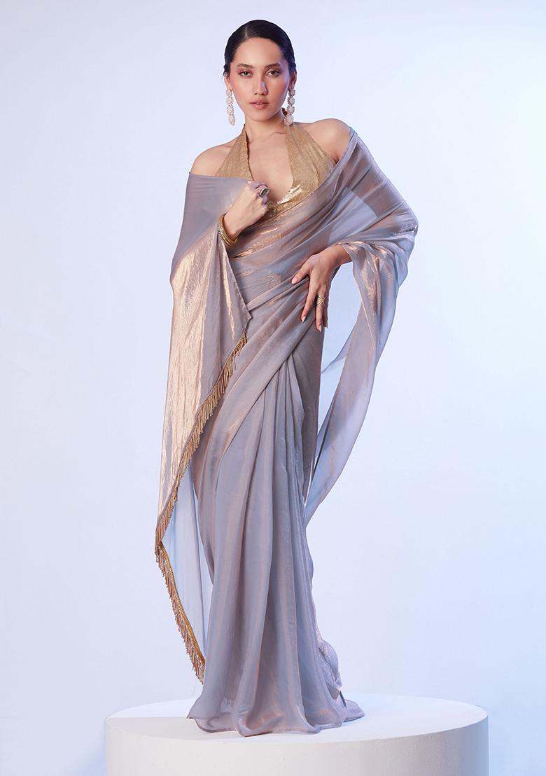 Lavender Abstract Print Art Silk Saree Set