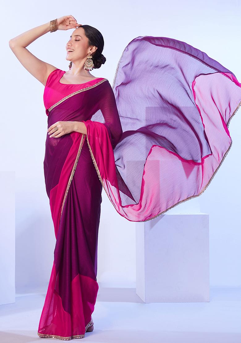 Purple Abstract Print Art Silk Saree Set