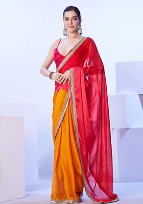 Red Abstract Print Art Silk Saree Set