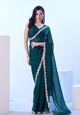 Teal Abstract Print Art Silk Saree Set