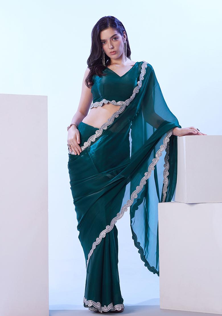 Teal Abstract Print Art Silk Saree Set
