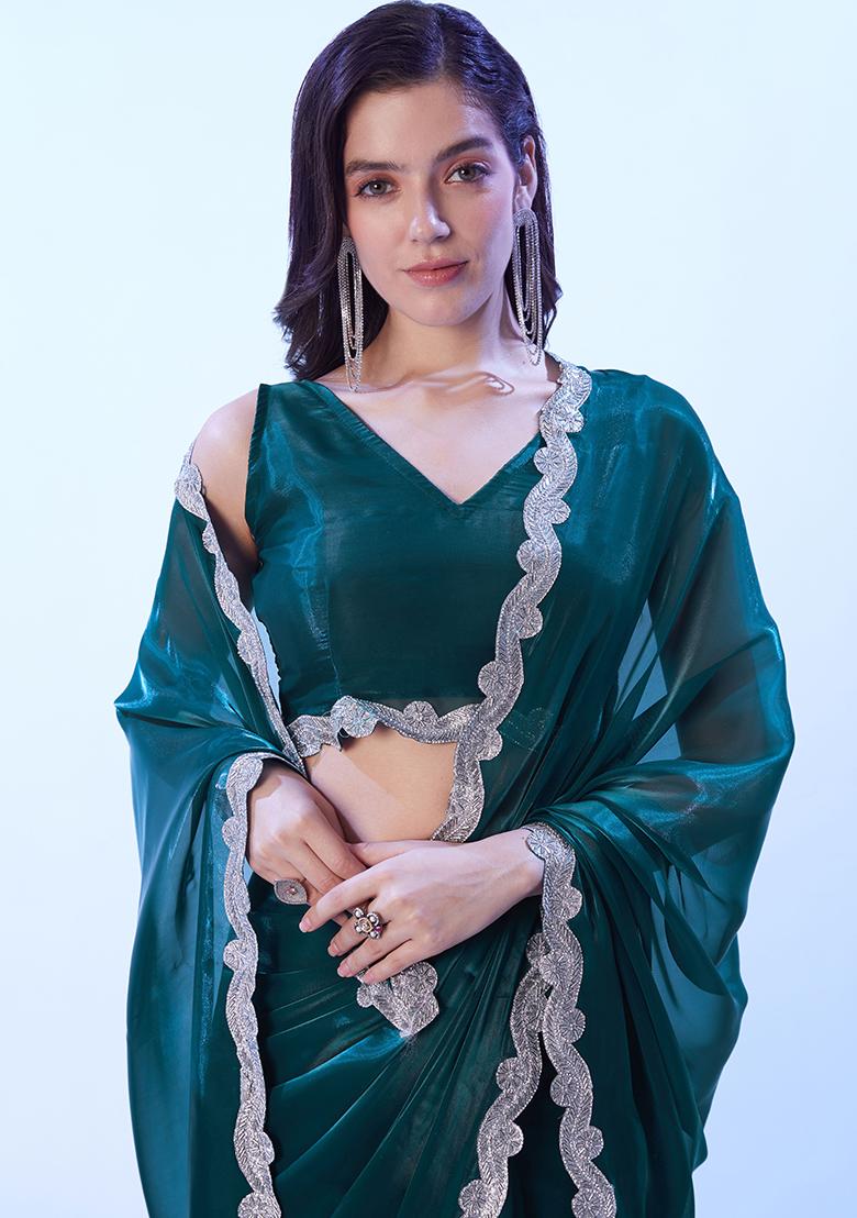 Teal Abstract Print Art Silk Saree Set