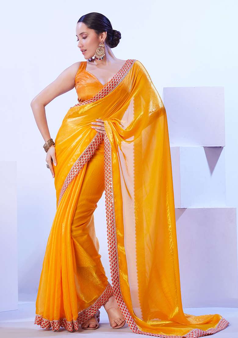 Yellow Abstract Print Art Silk Saree Set - Indya