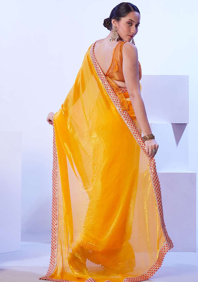 Yellow Abstract Print Art Silk Saree Set - Indya