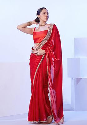 Red Abstract Print Art Silk Saree Set