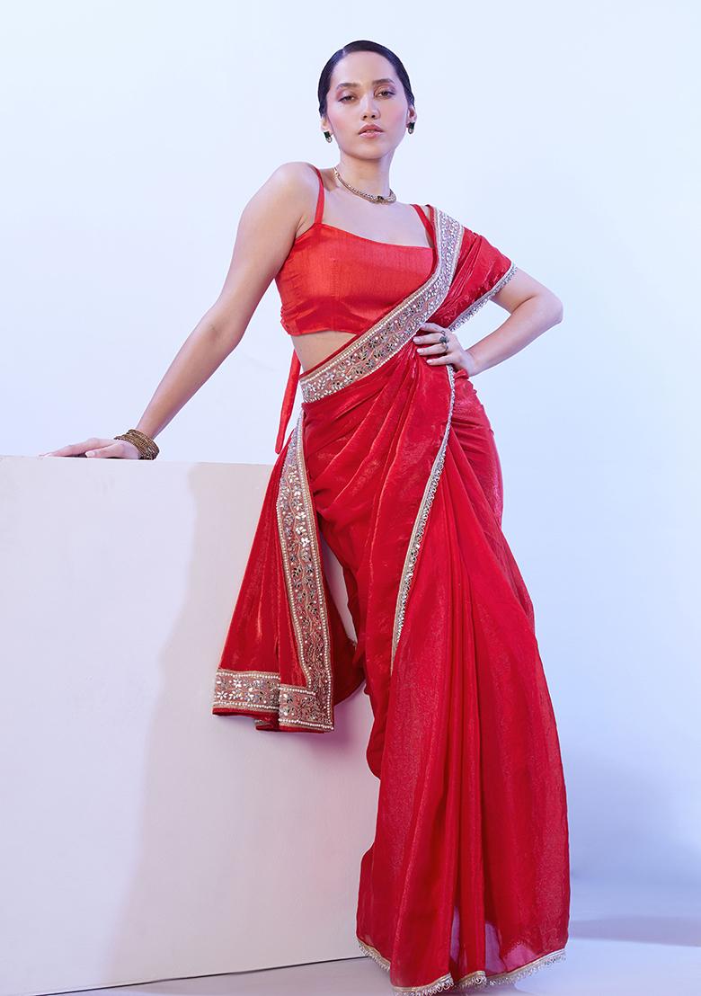 Red Abstract Print Art Silk Saree Set