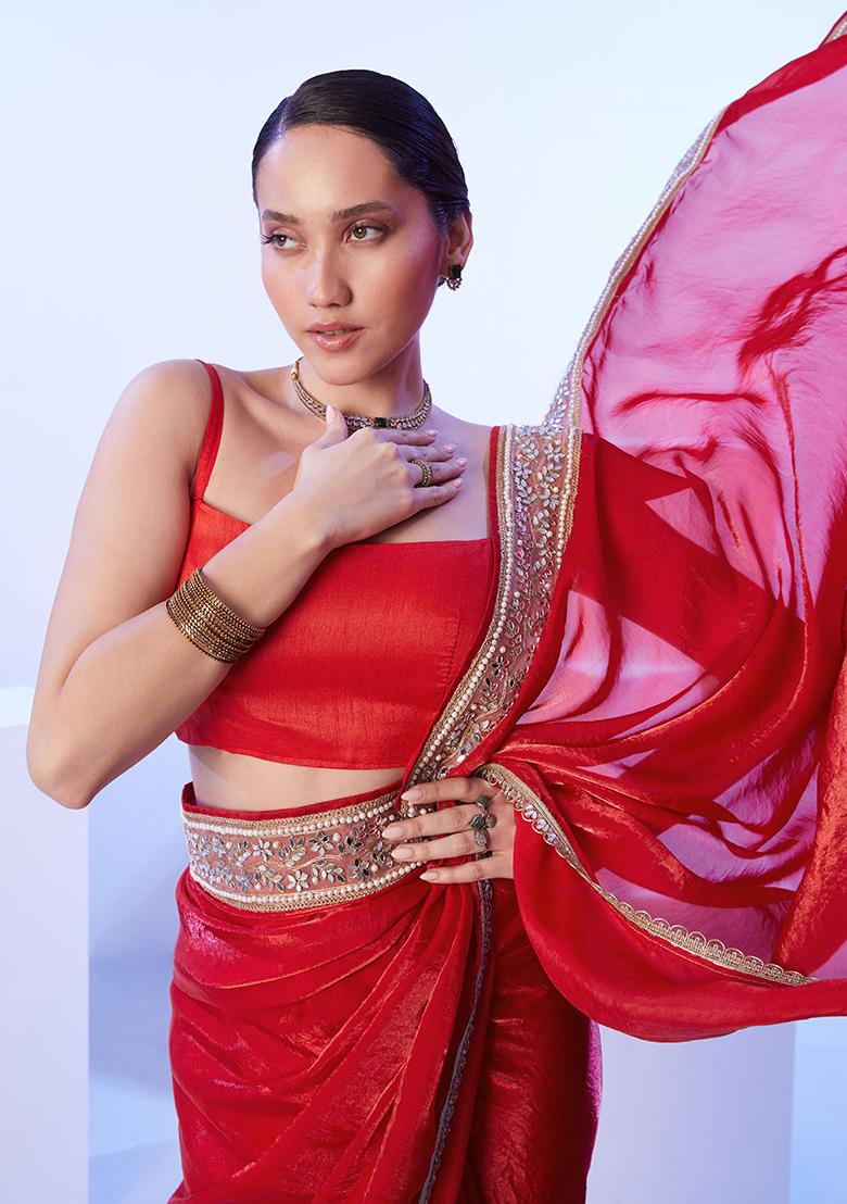 Red Abstract Print Art Silk Saree Set