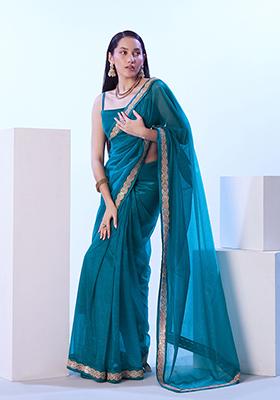 Blue Abstract Print Art Silk Saree Set