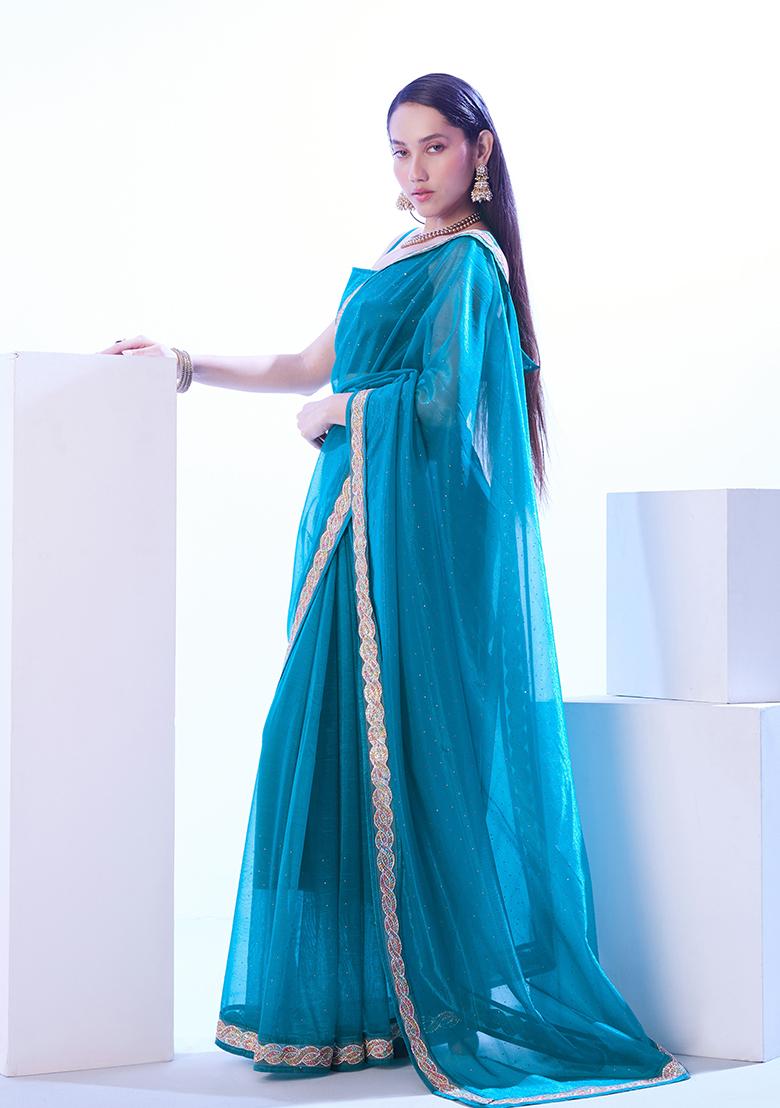 Blue Abstract Print Art Silk Saree Set