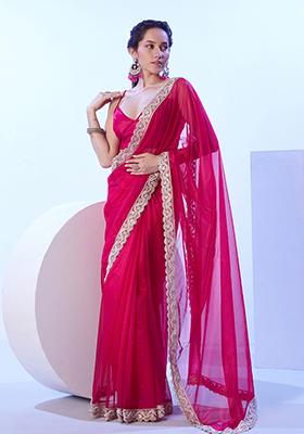 Pink Abstract Print Art Silk Saree Set