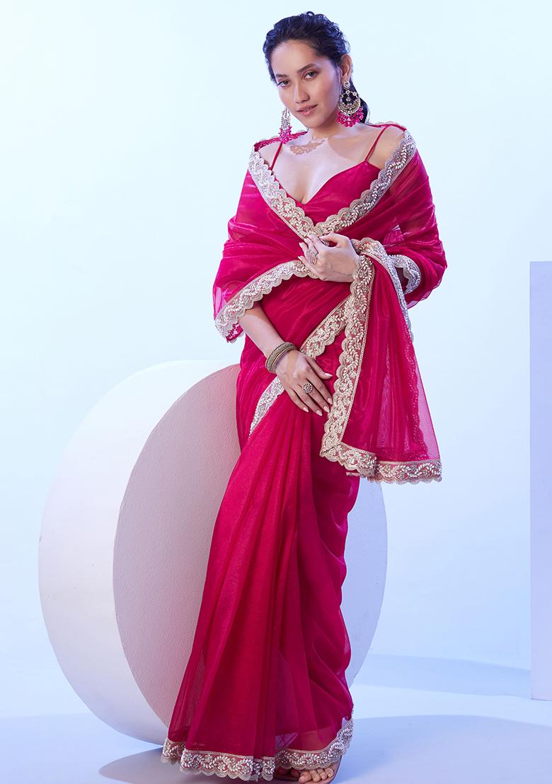 Pink Abstract Print Art Silk Saree Set