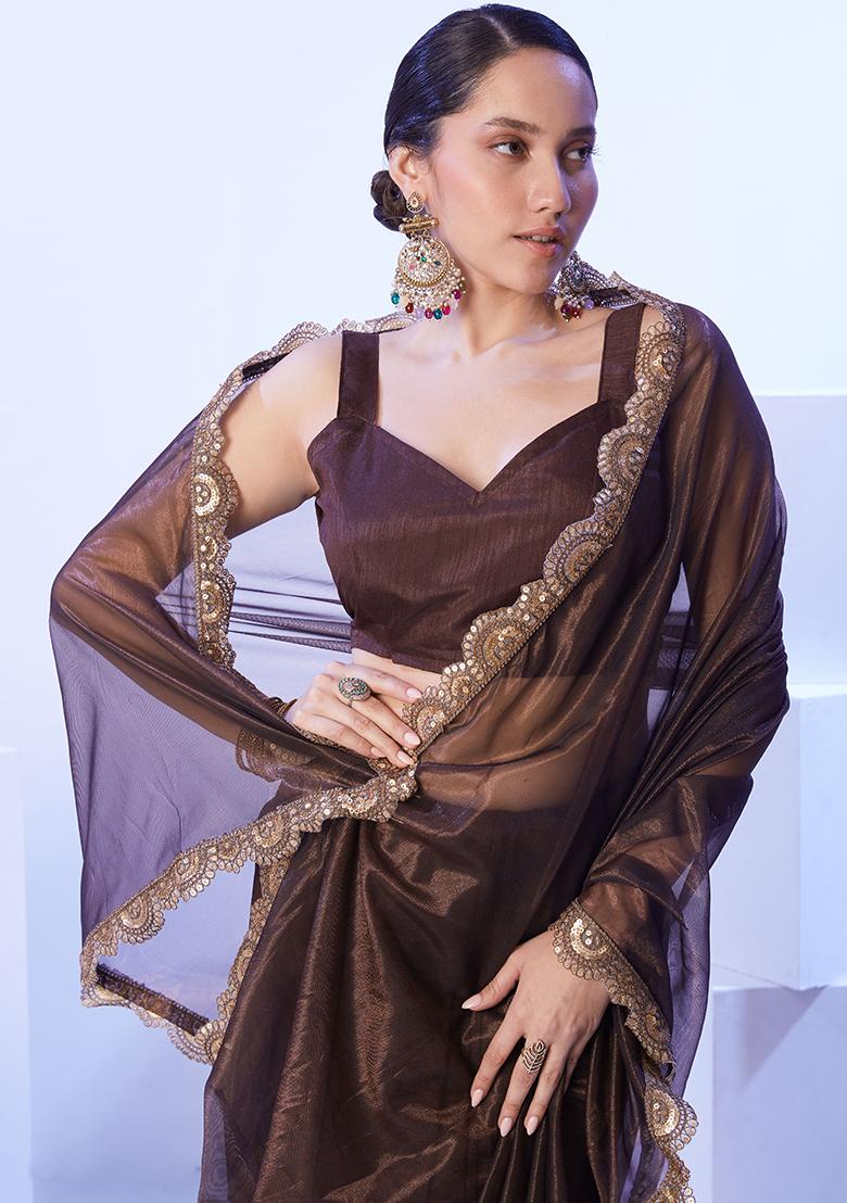 Brown Abstract Print Art Silk Saree Set