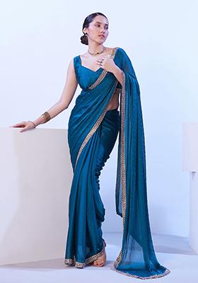 Blue Abstract Print Art Silk Saree Set