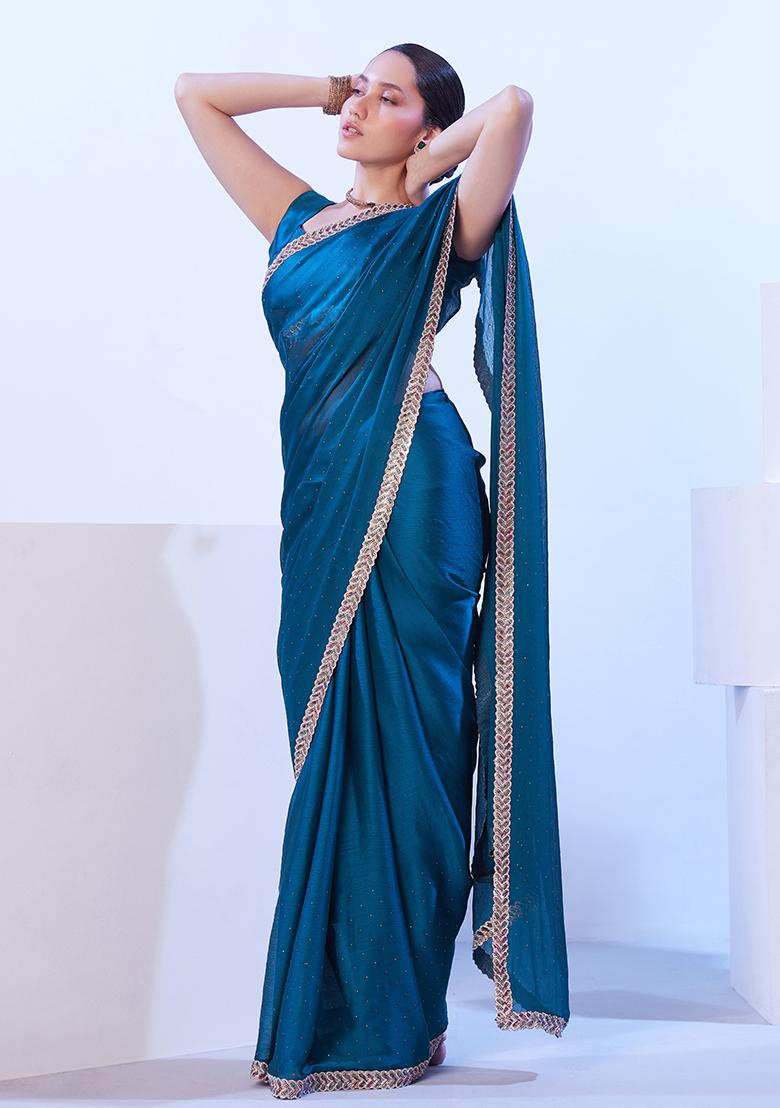 Blue Abstract Print Art Silk Saree Set