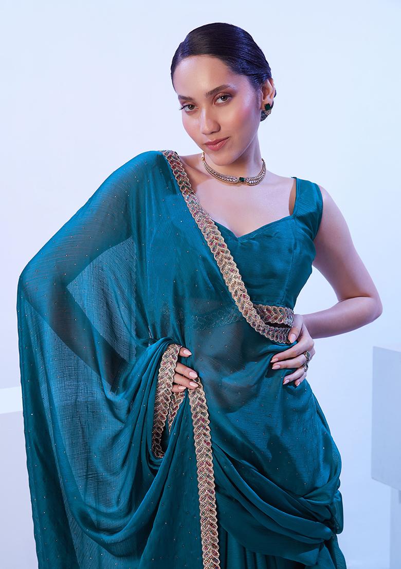 Blue Abstract Print Art Silk Saree Set