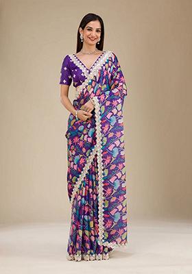 Blue Embroidered Georgette Saree Set