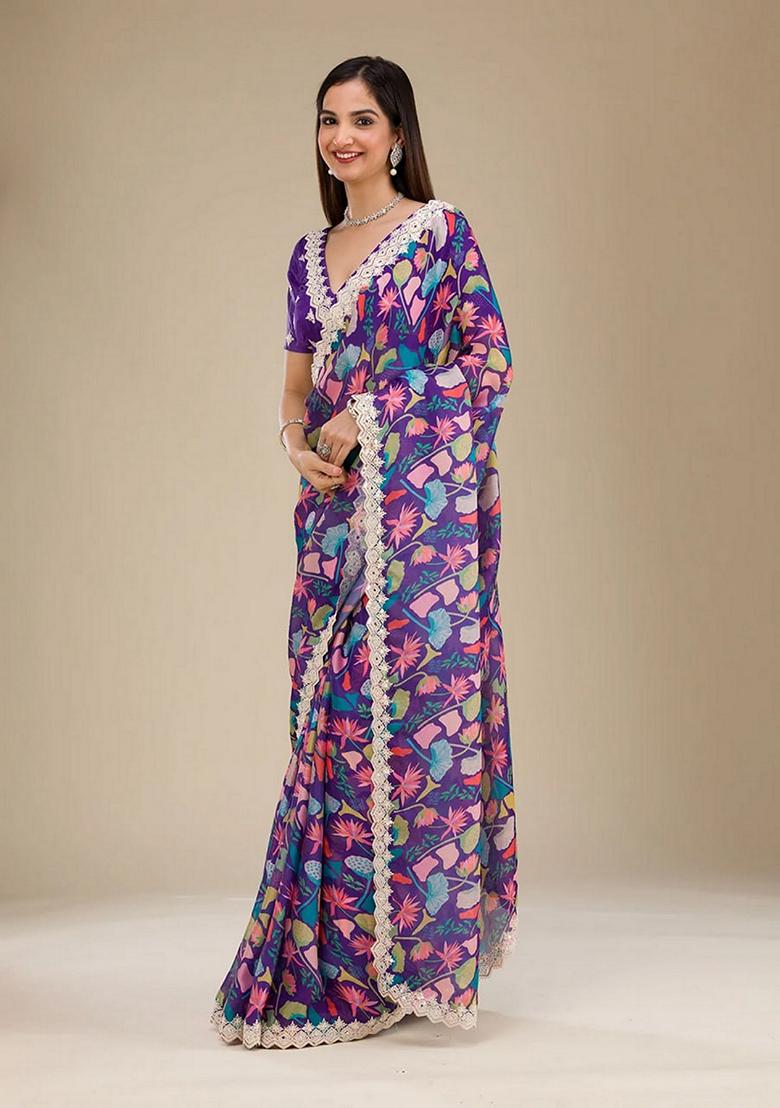 Blue Embroidered Georgette Saree Set