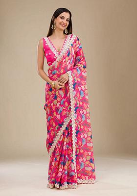 Pink Embroidered Georgette Saree Set