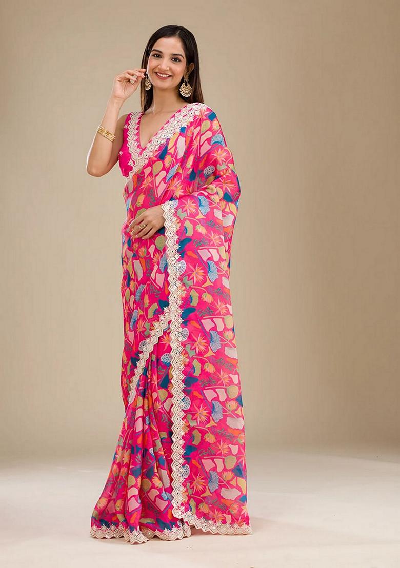Pink Embroidered Georgette Saree Set
