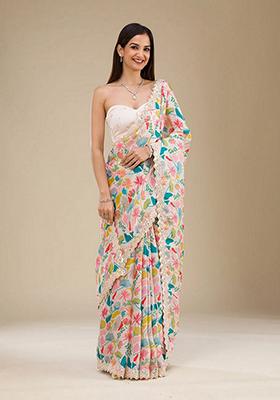 Off White Embroidered Georgette Saree Set