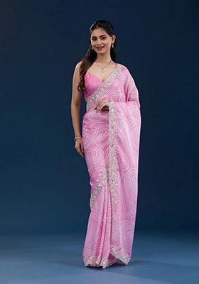 Pink Embroidered Georgette Saree Set