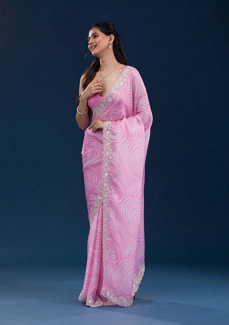 Pink Embroidered Georgette Saree Set