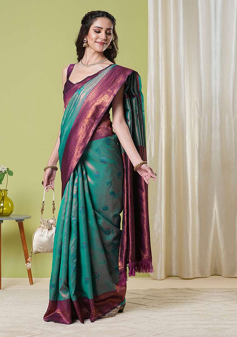 Aqua Blue Zari Woven Silk Saree Set for Diwali and Festive Wear - Indya