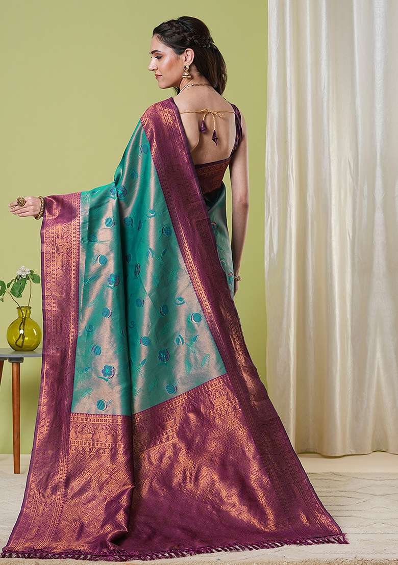 Aqua Blue Zari Woven Silk Saree Set for Diwali and Festive Wear - Indya