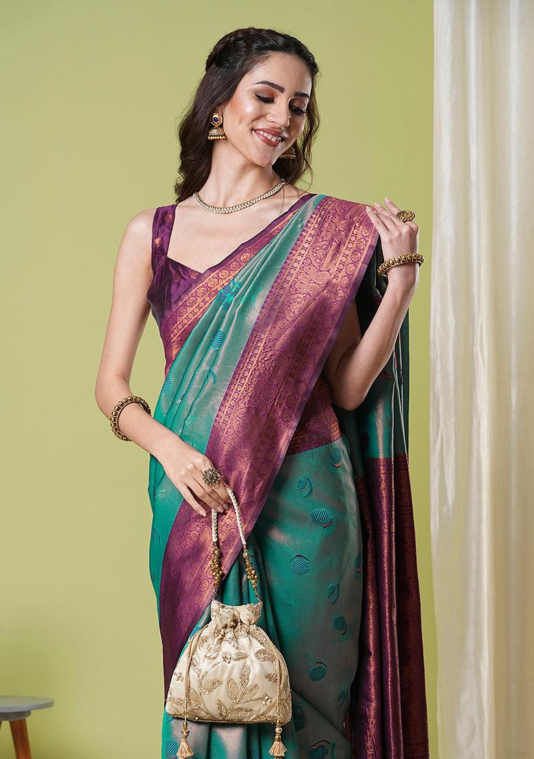 Aqua Blue Zari Woven Silk Saree Set