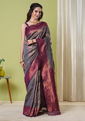 Grey Zari Woven Silk Saree Set