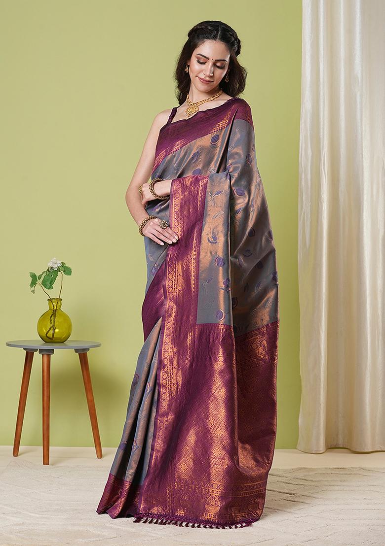 Grey Zari Woven Silk Saree Set