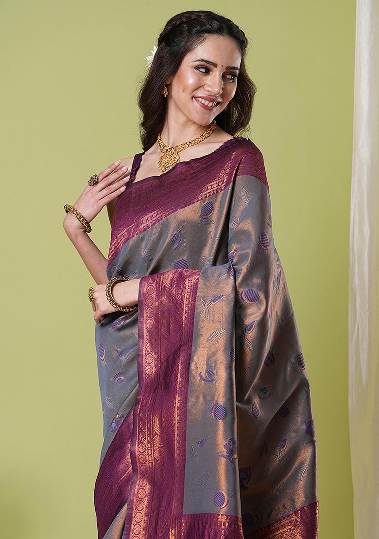 Grey Zari Woven Silk Saree Set