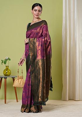 Wine Zari Woven Silk Saree Set