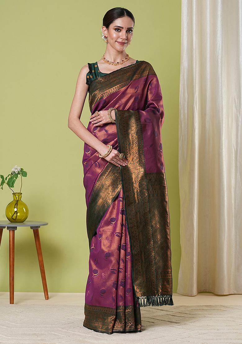 Wine Zari Woven Silk Saree Set