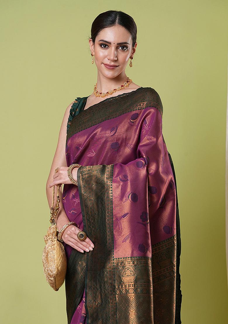 Wine Zari Woven Silk Saree Set