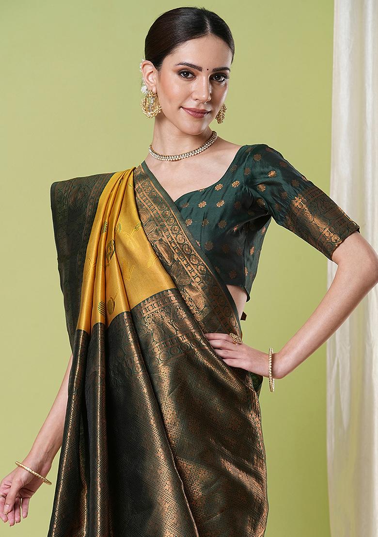 Yellow Zari Woven Silk Saree Set