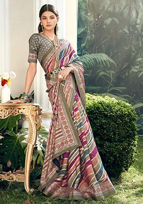 Green Abstract Print Georgette Saree Set