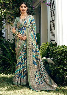 Blue Abstract Print Georgette Saree Set